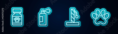 Set line Medicine bottle and pills, Pet shampoo, Cat scratching post and Paw print. Glowing neon icon. Vector