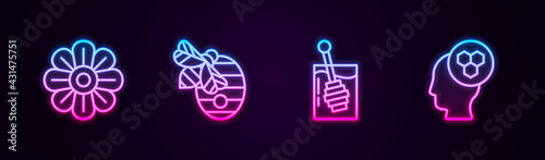 Set line Flower, Hive for bees, Honey dipper stick and Beekeeper. Glowing neon icon. Vector