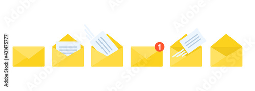Set of mail flat icons. Opened and closed envelope with note paper card. Mail notification icons.