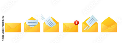 Set of mail icons with simple gradient. Opened and closed envelope with note paper card. Mail notification icons.