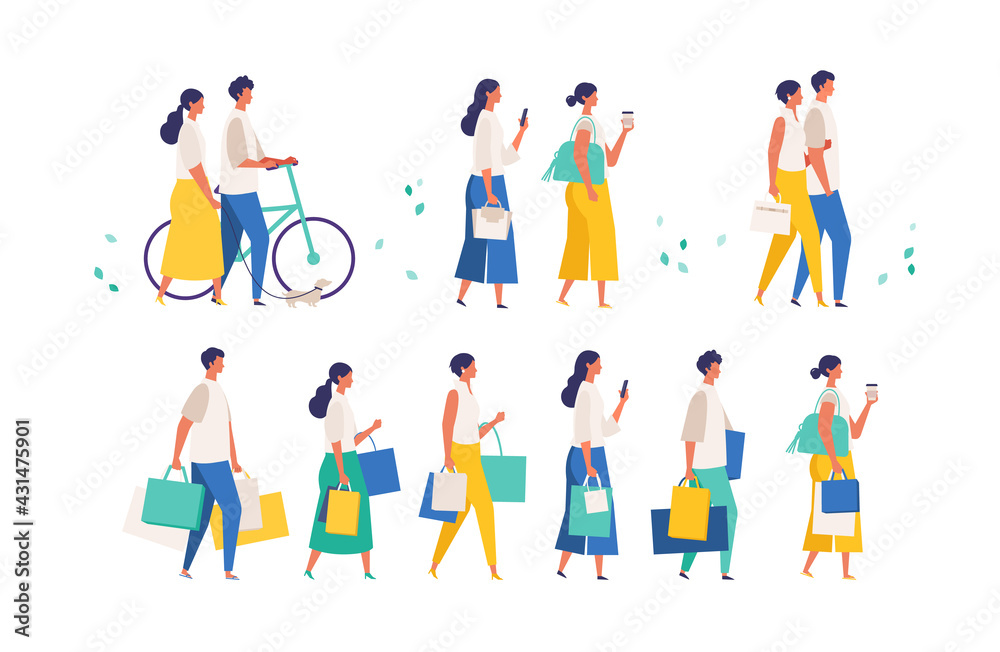 People carrying shopping bags at summer. Man and woman taking part in seasonal sale at store, shop, mall.