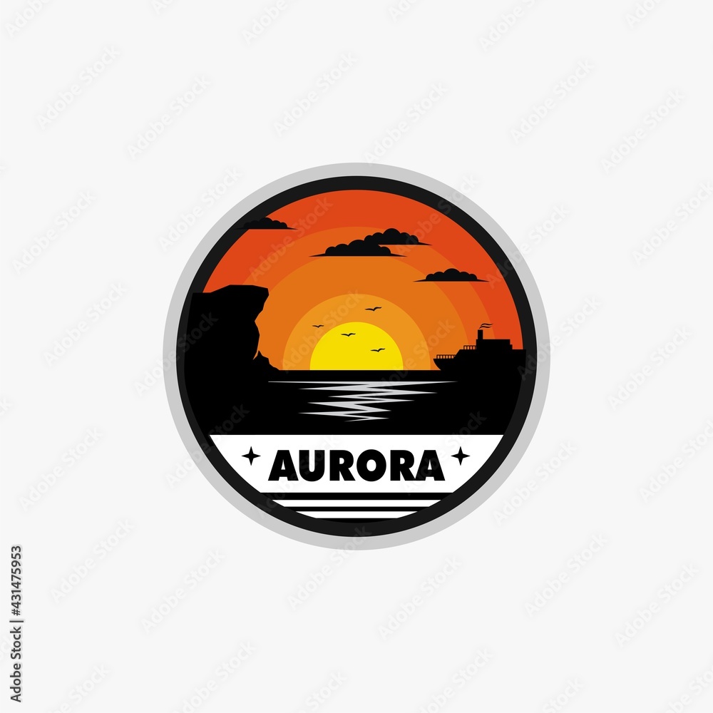 Obraz premium Sea logo with ship silhouettes and sunset