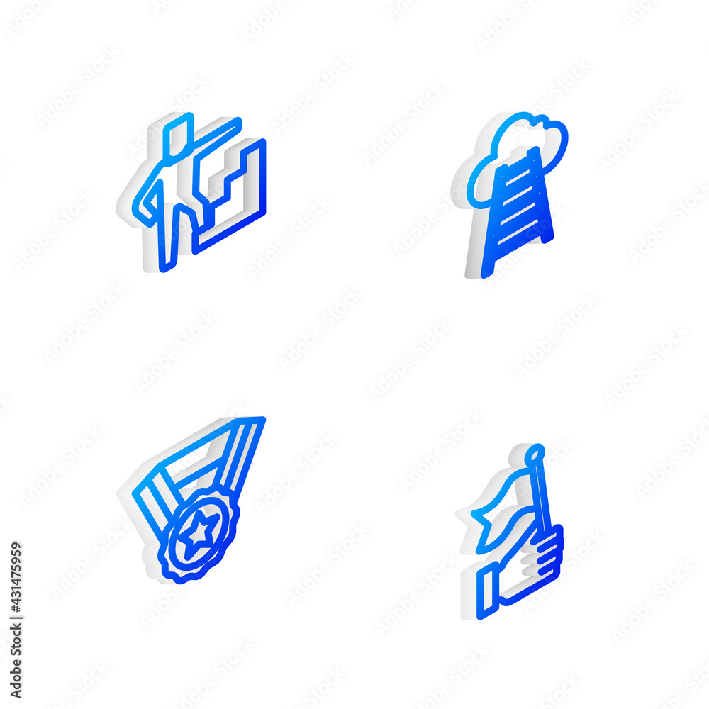 Set Isometric line Stair with finish flag, , Medal and Hand holding icon. Vector Set Isometric line Stair with finish flag, , Medal and Hand holding icon. Vector