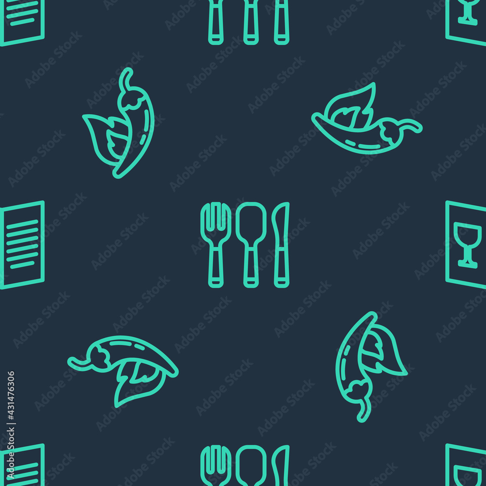 Set line Fork, spoon and knife, Hot chili pepper pod and Restaurant cafe menu on seamless pattern. Vector
