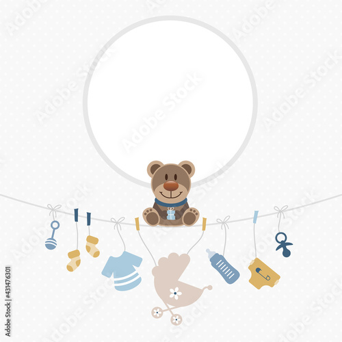 Teddy Hängende Babysymbole Junge Retroblau Senfgelb Runder Rahmen Grau