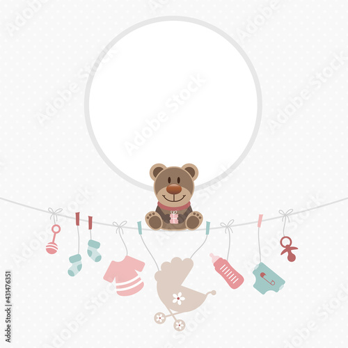Teddy Hängende Babysymbole Mädchen Rosa Mintgrün Runder Rahmen Grau