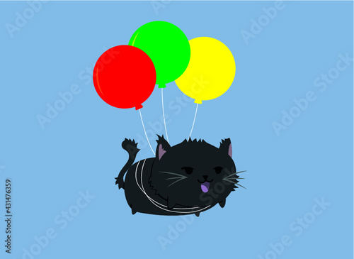 Flying Cat with Balloons Vector