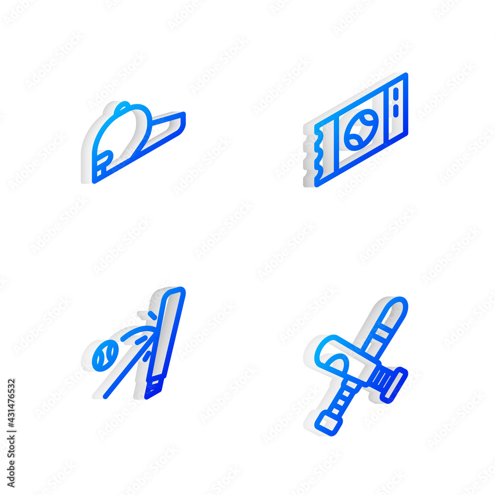 Set Isometric line Baseball ticket, cap, bat with and Crossed baseball icon. Vector Set Isometric line Baseball ticket, cap, bat with and Crossed baseball icon. Vector