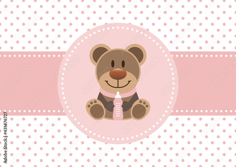 Karte Teddy Mit Flasche Baby Mädchen Punkte Rosa Karte Teddy Mit Flasche Baby Mädchen Punkte Rosa