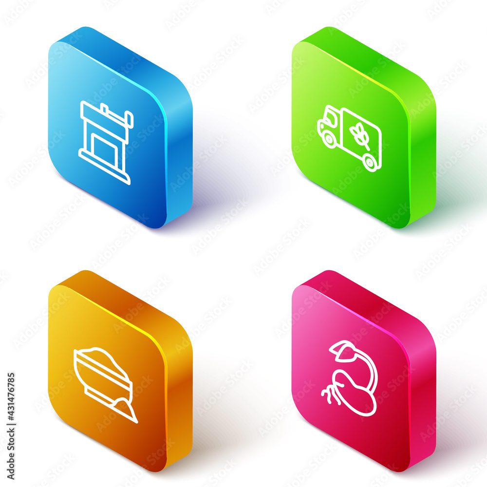Set Isometric line Manual coffee grinder, Flour truck, bowl and Sprout icon. Vector Set Isometric line Manual coffee grinder, Flour truck, bowl and Sprout icon. Vector