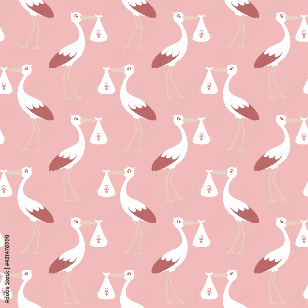 Fototapeta premium Endlosmuster Storch Mit Baby Mädchen Rosa