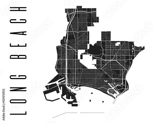 Long Beach map. Detailed map of Long Beach city poster with streets. Cityscape vector.