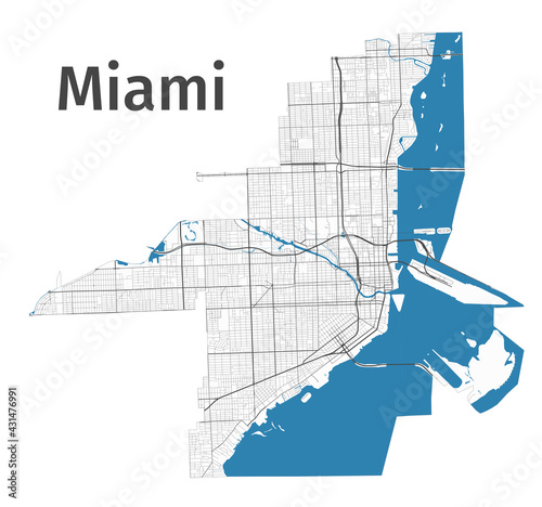 Miami map. Detailed map of Miami city administrative area. Cityscape panorama.