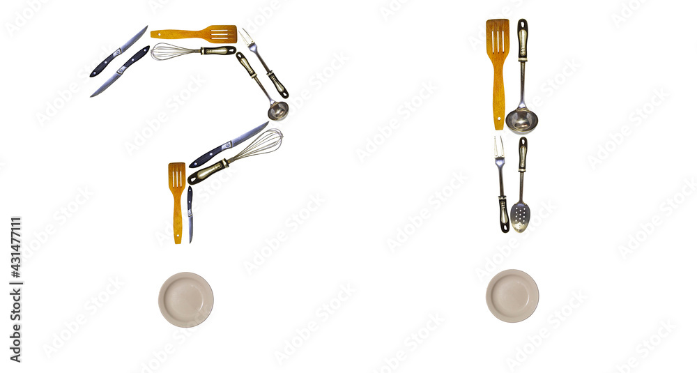 Question mark and exclamation mark made from kitchen utensils Question mark and exclamation mark made from kitchen utensils