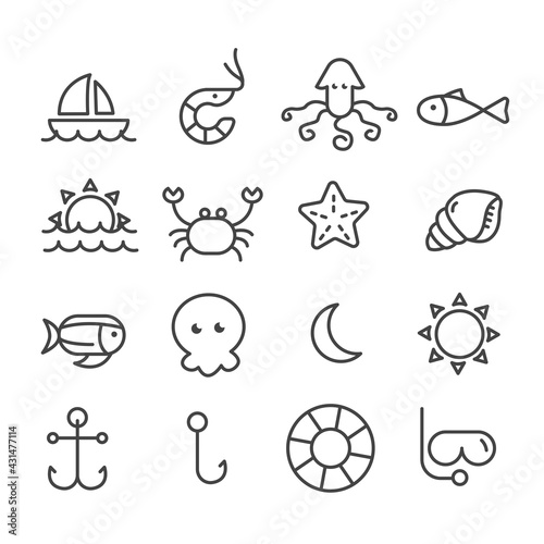 Set of summer vacation on the beach icons. Natural and animal concept outline isolated on white background