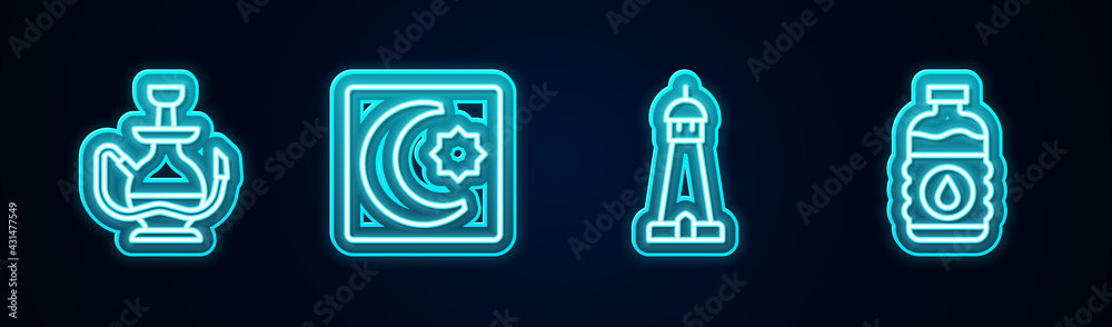 Set line Hookah, Star and crescent, Mosque tower or minaret and Bottle of water. Glowing neon icon. Vector Set line Hookah, Star and crescent, Mosque tower or minaret and Bottle of water. Glowing neon icon. Vector