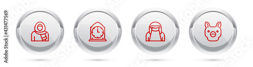 Set line Muslim woman in hijab, Clock, niqab and Pig. Silver circle button. Vector