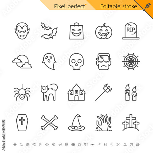 Halloween and horror thin line icon set for spooky celebration and decorations. Pixel perfect. Editable stroke.