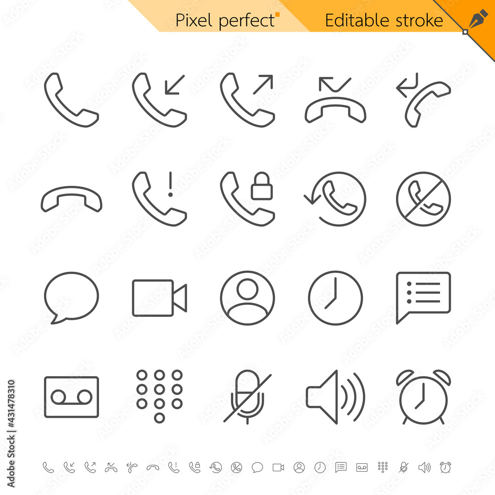 Fototapeta premium Phone and communication thin line icon set for call, voicemail and contact interface. Pixel perfect. Editable stroke.