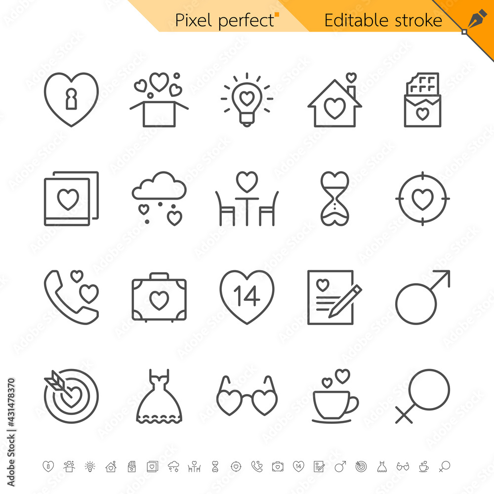 Valentine's day thin icons. Pixel perfect. Editable stroke. Valentine's day thin icons. Pixel perfect. Editable stroke.