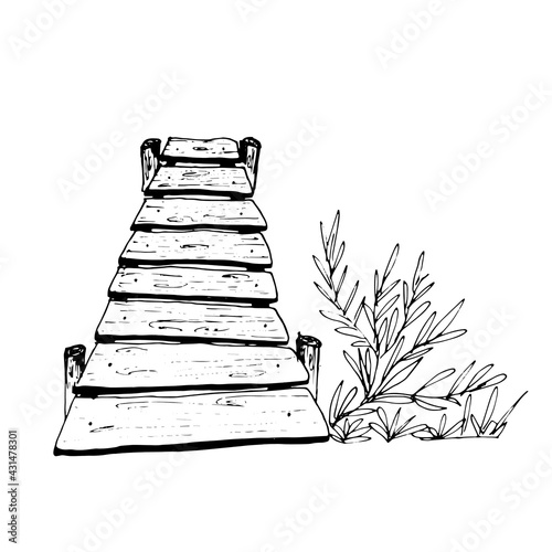 Wooden bridge, isolated on a white background, vector. Print for greeting cards and greetings.