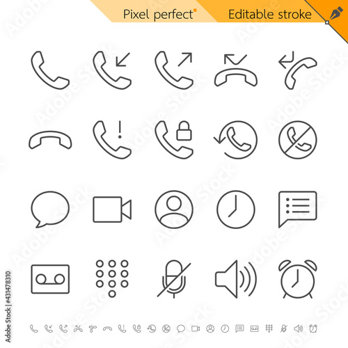 Phone and communication thin line icon set for call, voicemail and contact interface. Pixel perfect. Editable stroke.