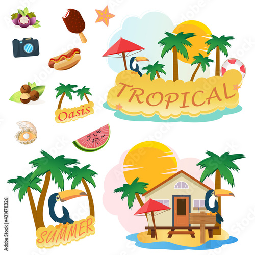 A set of stickers for recreation  bungalows  food  toucan  palm trees. Colorful summer objects. Suitable for logo  print  textile. White background  made in vector