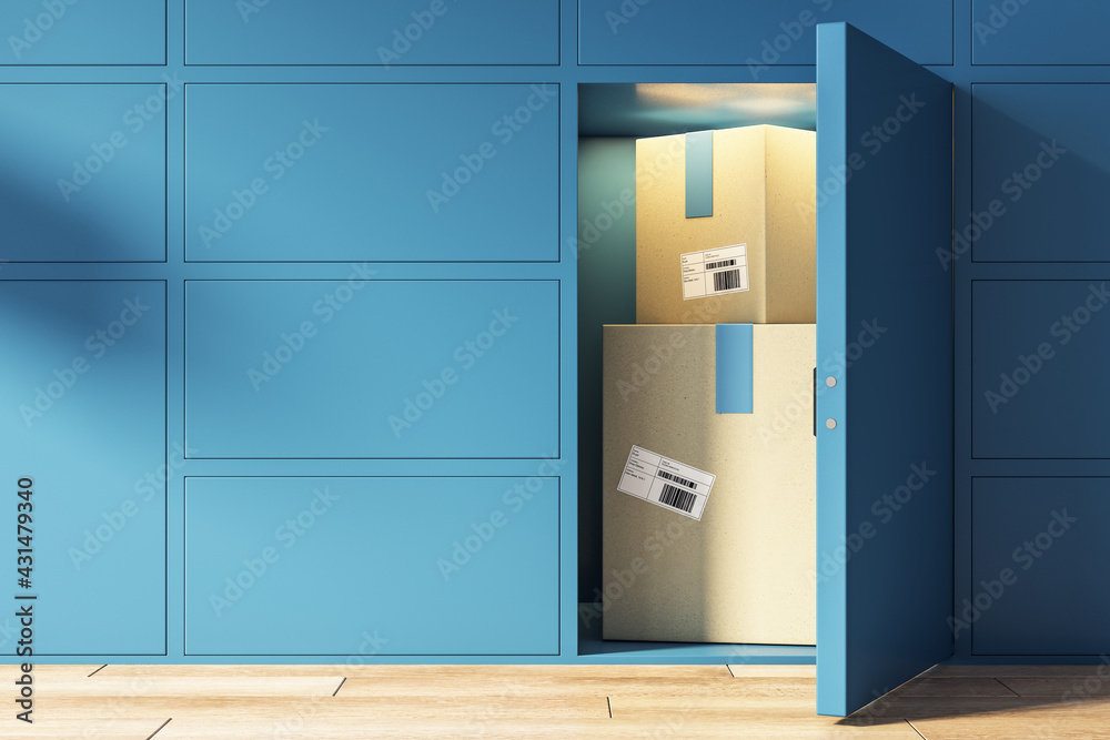 Storage facilities service with card boxes in blue terminal cell Storage facilities service with card boxes in blue terminal cell