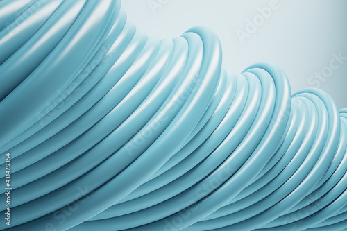 Fototapeta Naklejka Na Ścianę i Meble -  Light blue spiral pattern made of multiple wires on a light blue background closeup. Wallpaper and background presentation design concept, 3d rendering
