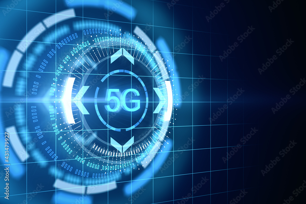 Obraz premium High speed internet connection concept with digital technology button with 5G inscription on abstract dark background