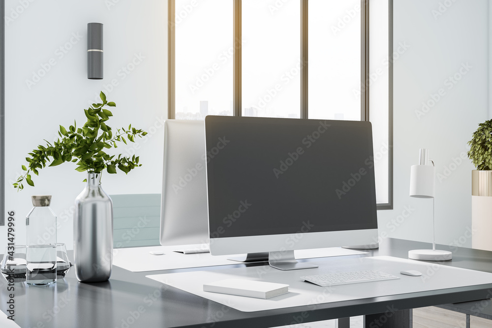 Empty office room with a blank desktop computer on the glass table, big window, interior design concept, 3d rendering, mock up Empty office room with a blank desktop computer on the glass table, big window, interior design concept, 3d rendering, mock up