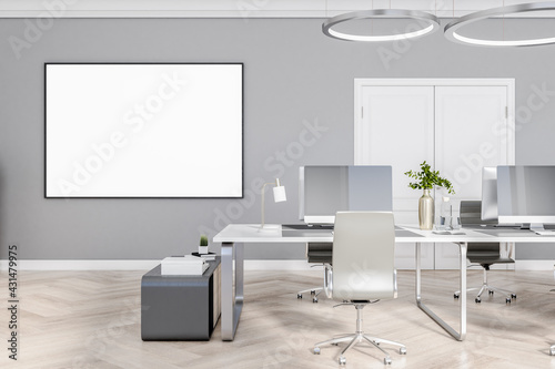Bright empty office room with a white empty banner on the wall, wooden floor and concrete wall, interior design concept, 3d rendering, mock up