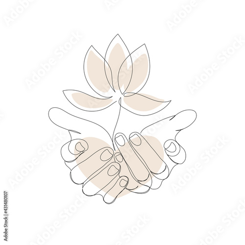 Lotus in hand. Drawn with one line. One line art minimalism. Front view.