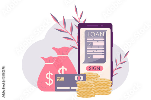 Online banking concept, take out loan, sign contract via your smartphone. On phone screen, the contract with terms, conditions, next to it, coins, money, credit card. Vector illustration flat style.