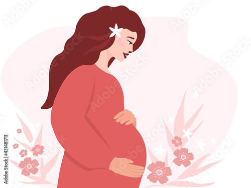 A beautiful pregnant woman in profile in a long dress holds a large belly with her hands. Female in anticipation of the birth of a child. Vector graphics. The concept of motherhood, love, harmony.