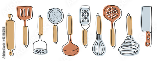 Kitchen knolling. Kitchenware sketch set. Doodle line vector utensils, tools and cutlery. Rolling pin, spatula, crush and sieve. Ladle, grater, whisk, slotted spoon and knife