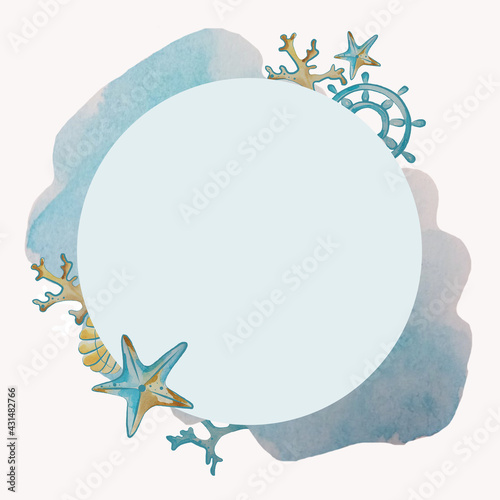 Watercolour wreath of marine life.