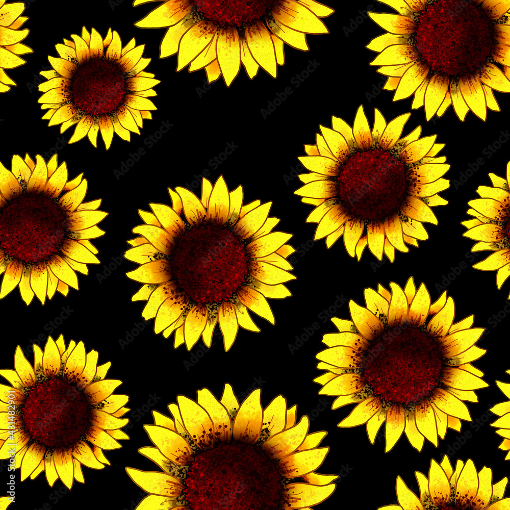 Sunflower bloom, illustrated, colored in yellow, with black background. Sunflower bloom, illustrated, colored in yellow, with black background.