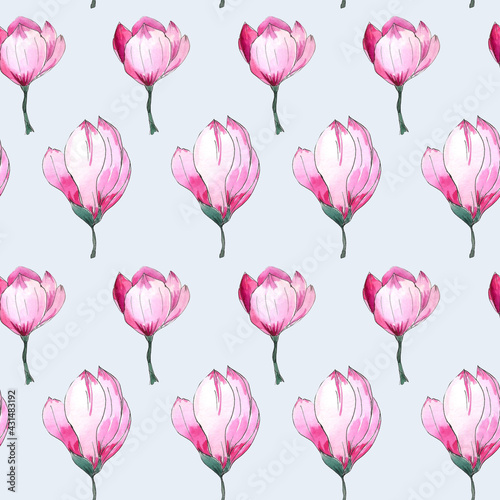 Watercolor illustration. Seamless pattern of pink magnolia flowers on a light blue background