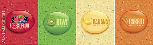 many fresh drops on different backgrounds with kiwi, banana, carrot, forest fruits	