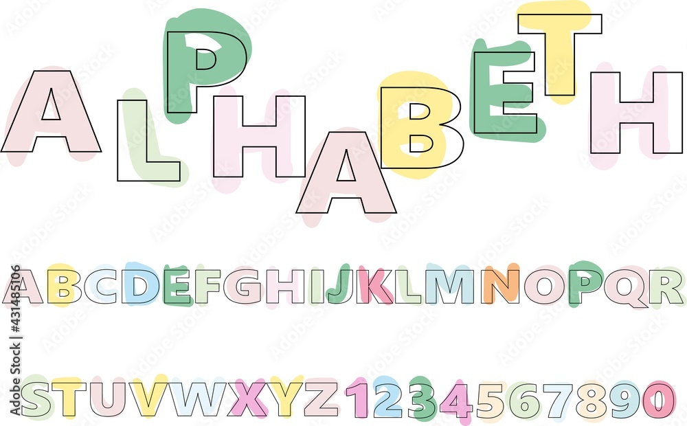 Hand-drawn alphabet in a crude, primitive style random pastel colors. Simple vector illustration