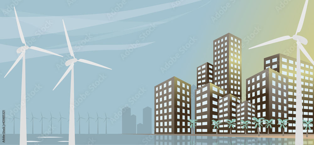 Eco urban city landscape with windmills, buildings and palm trees.