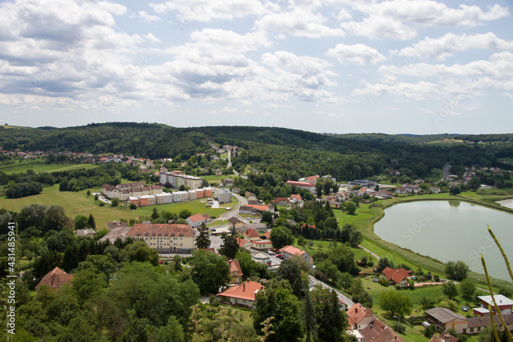 Güssing, Southern Burgenland, Austria. View from observation point in castle Güssing on a village and lake in a summer day.