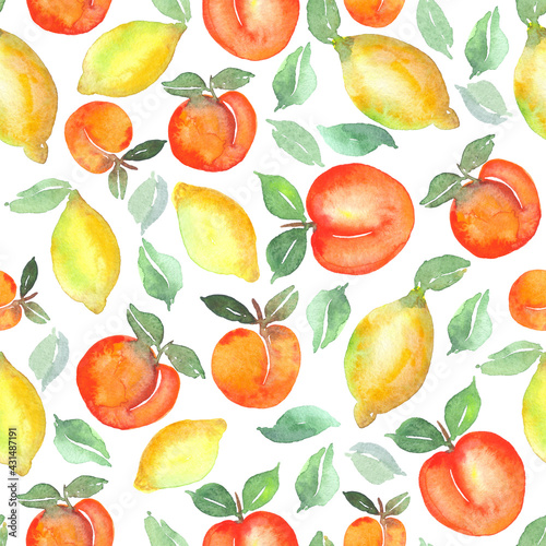 Fototapeta Naklejka Na Ścianę i Meble -  Watercolor summer fruits background . Seamless hand drawn pattern