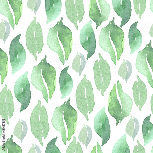 Watercolor green leaves background. Seamless pattern