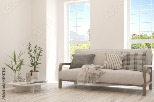 White living room with sofa and summer landscape in window. Scandinavian interior design. 3D illustration © AntonSh