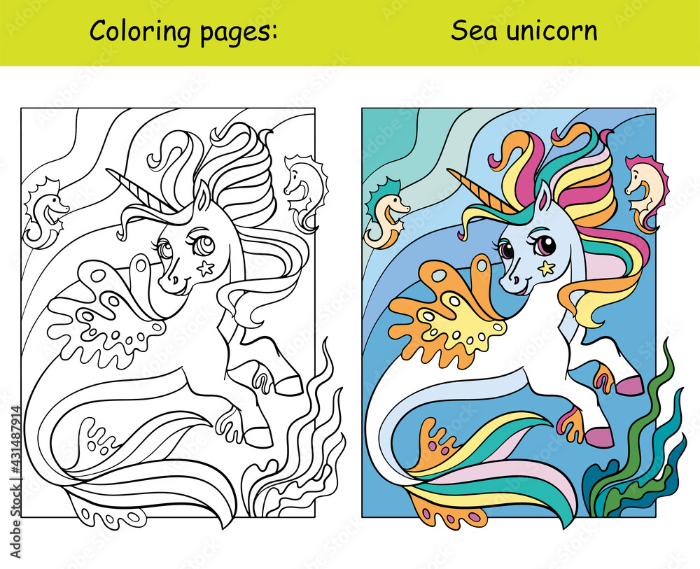 Cute sea unicorn coloring vector and template