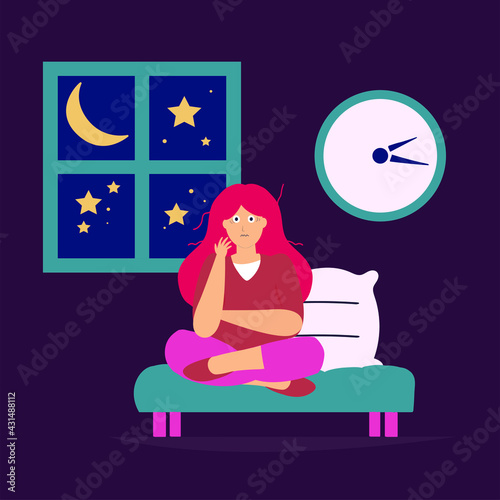 Young woman suffering from headache due to insomnia. Sleepless girl in bedroom feeling tired because of sleep disorder. Sleeplessness and Mental health disorder concept. Flat vector illustration.
