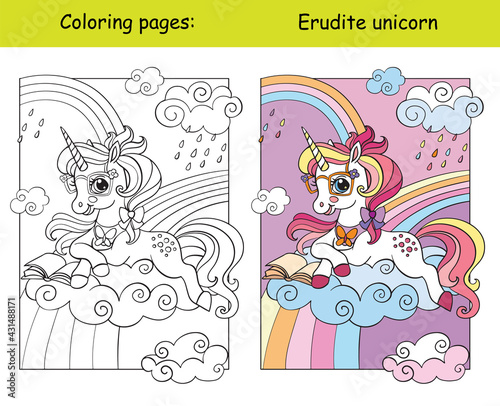 Cute unicorn reading a book coloring vector and template