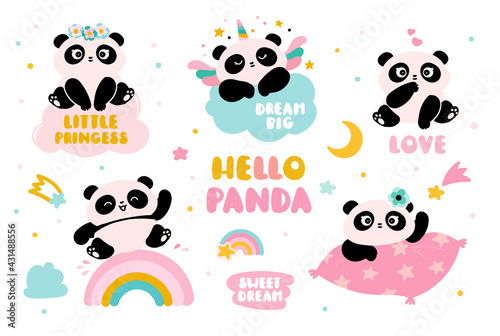 Cute panda set. Panda on a rainbow, on a cloud and a pillow. animals collection for sleeping.